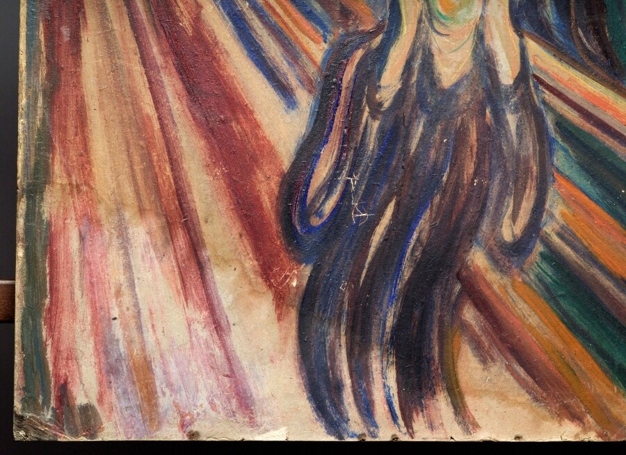 A close-up of the colors in The Scream by Edvard Munch at the MUNCH Museum in Oslo, Norway.